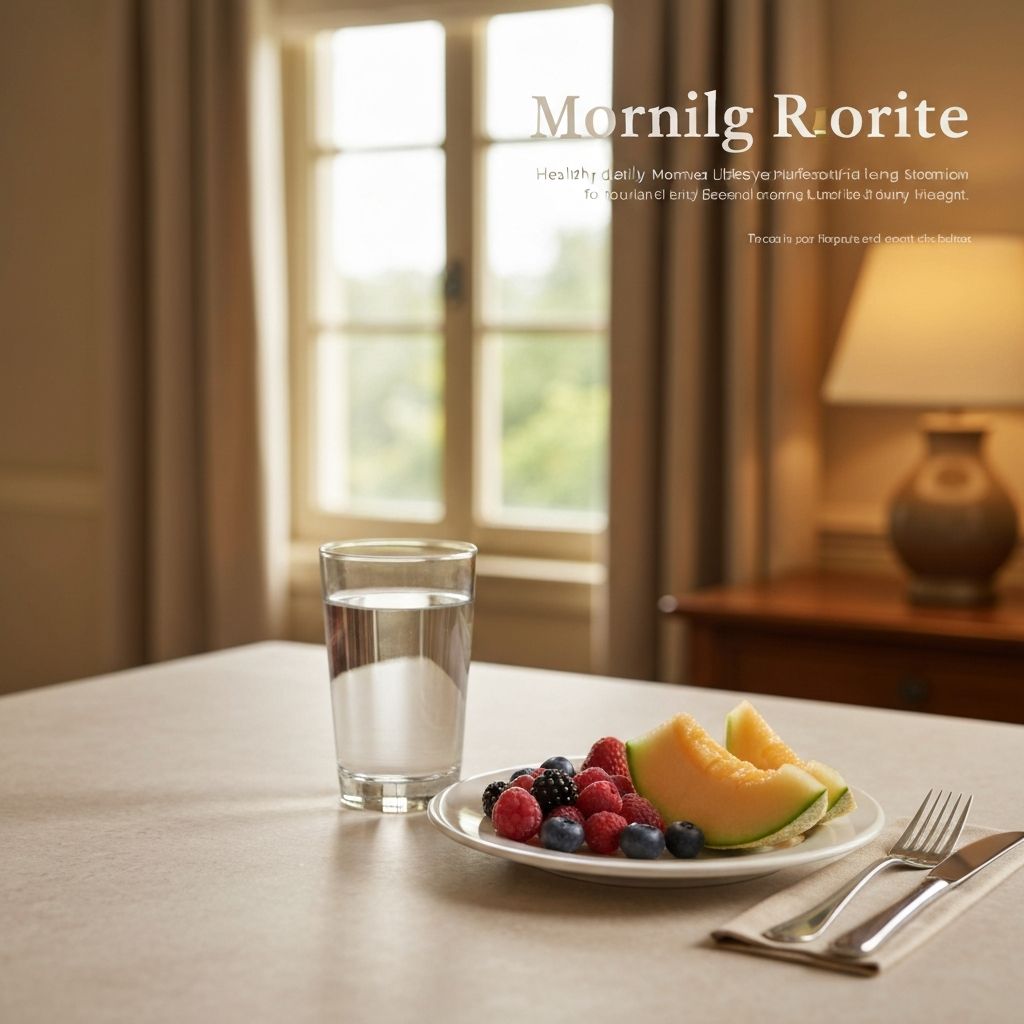 Composición de rutina matinal saludable con agua fresca, frutas y elementos de desayuno equilibrado bajo iluminación natural cálida