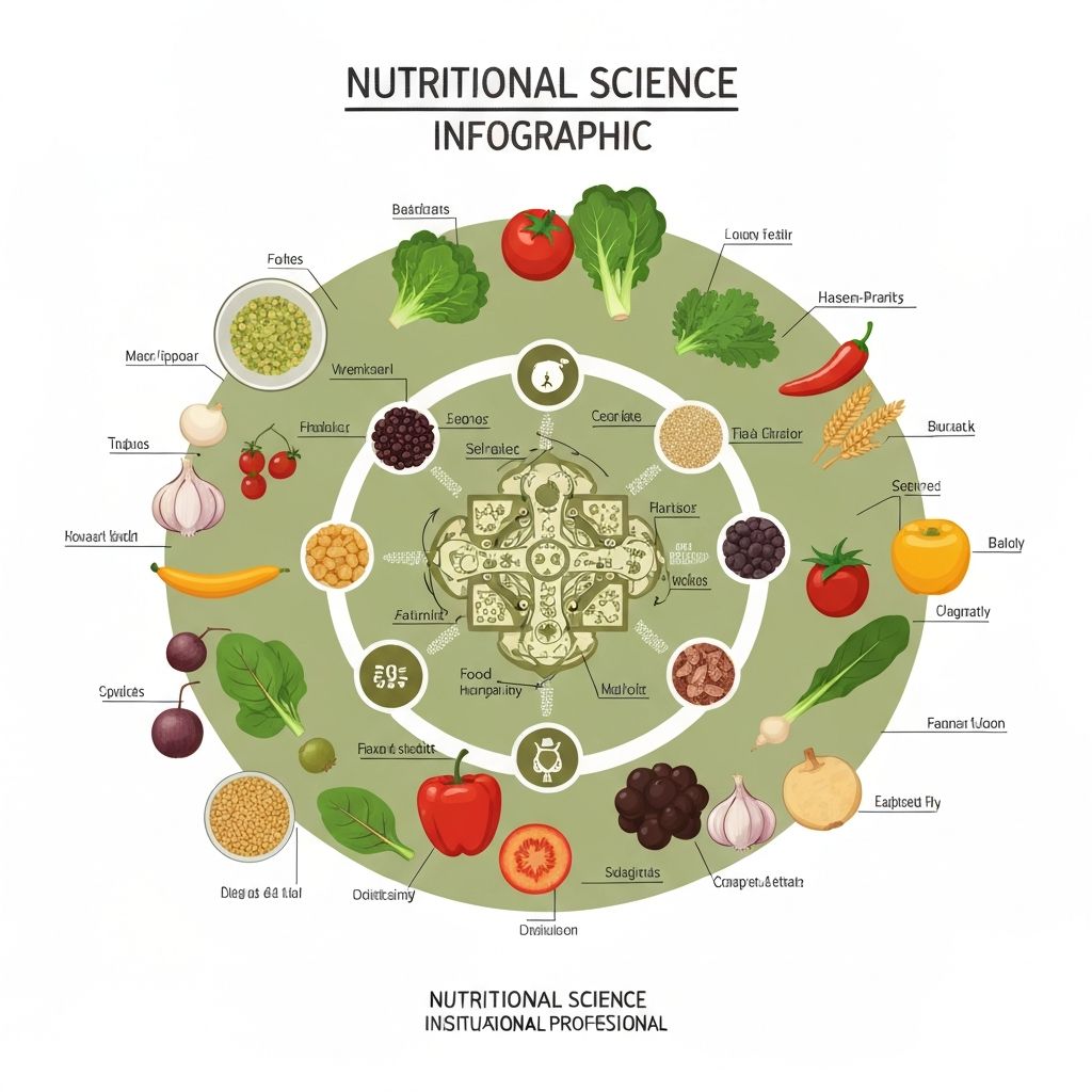 Diagrama científico de nutrición con ingredientes frescos que demuestran equilibrio y principios educativos de composición alimentaria