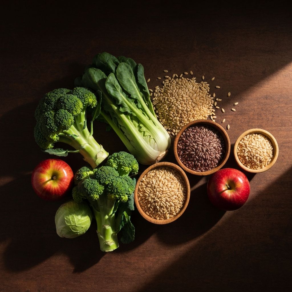 Composición de alimentos saludables con verduras frescas, granos integrales y frutas dispuestas artísticamente con iluminación natural cálida