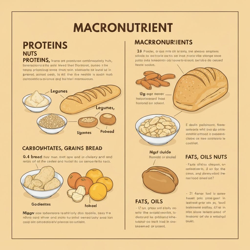 Composición educativa que muestra diferentes categorías de macronutrientes con proteínas legumbres frutos secos, carbohidratos granos pan, y grasas aceites dispuestas en secciones organizadas