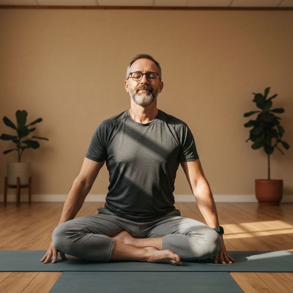 Persona realizando postura de yoga en estudio con iluminación natural, demostrando actividad física moderada y bienestar equilibrado
