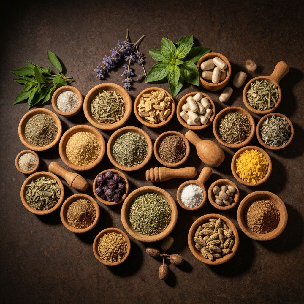 Composición artística que muestra ingredientes naturales de complementos, elementos herbales y minerales sin empaque de marca, en ambiente académico e institucional